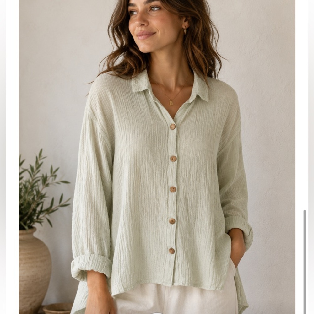 Womens Oversized Light Sage Button-Down Boxy Gauzy Shirt Lagenlook